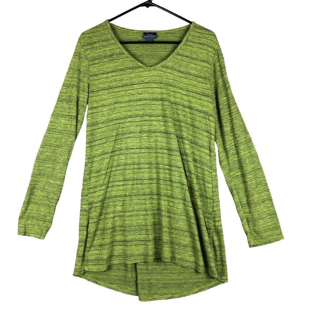 Nomadic Traders Womens Shirt Green Striped V Neck Long Sleeve High Low Large